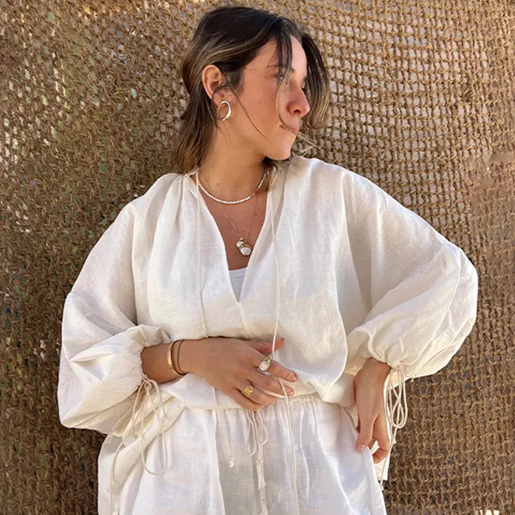 fashion summer cotton linen loose ruffle shorts suits women long sleeve drawstring pullover 2 pieces set casual beach suits