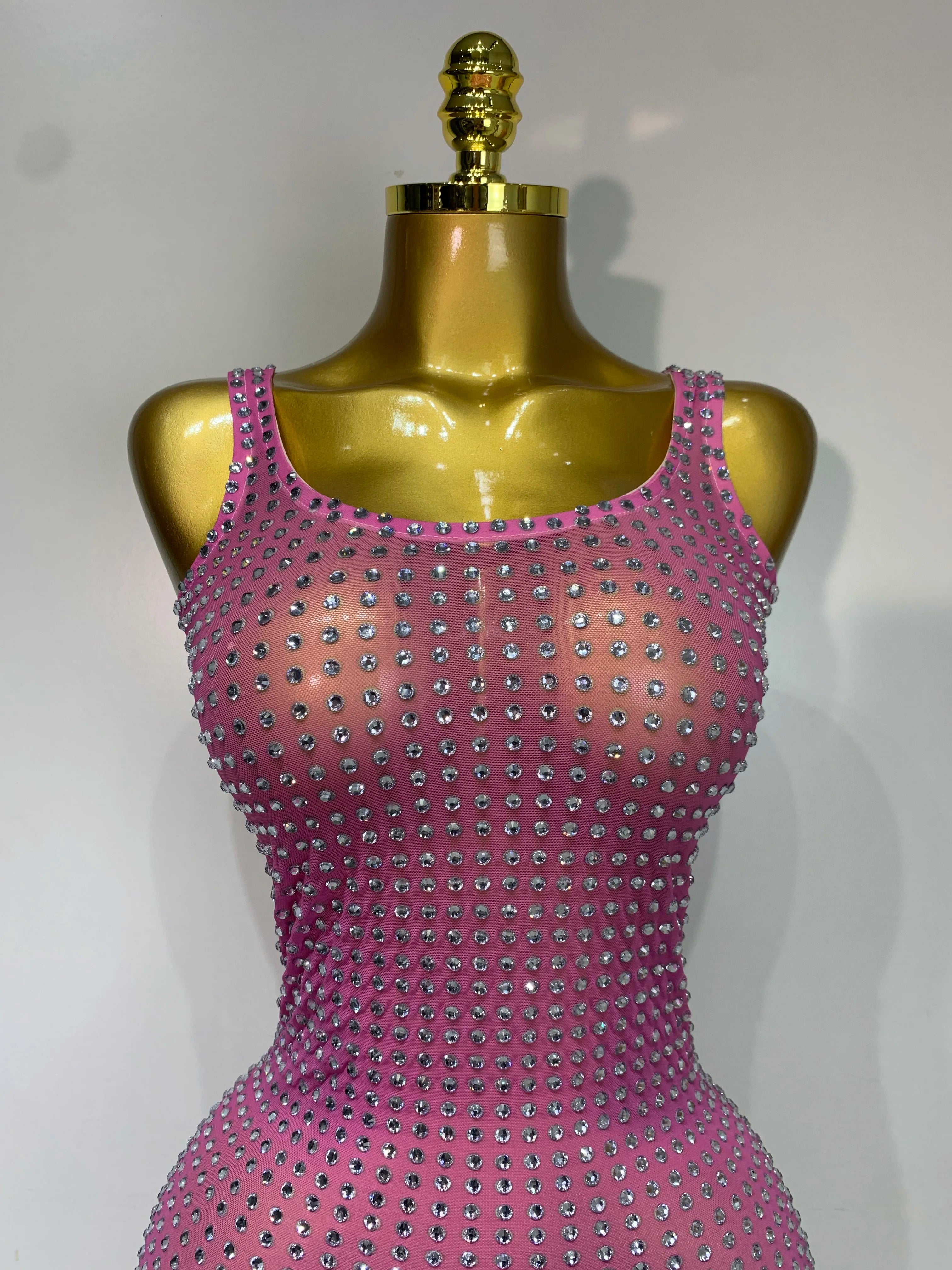 Women Sexy Mesh See Through Rhinestone Pink Long Maxi Dress Birthday Evening Party Costume Singer Stage Performance Costume