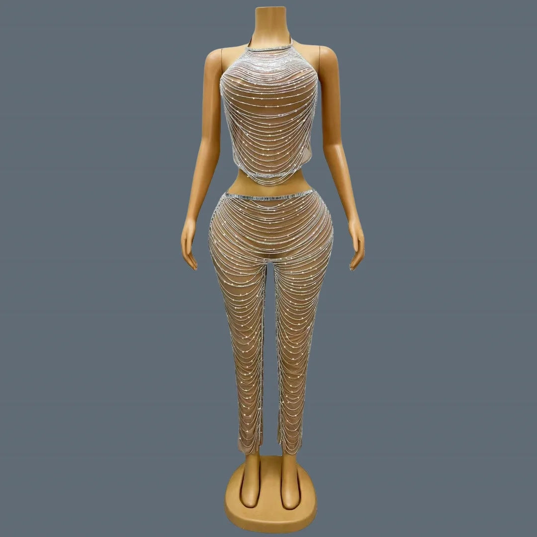 Sparkly Silver Rhinestone Crystals Crop Tops Long Pants 2Pieces Set Nightclub Event Party Stage Show High-quality Outfit Dudou