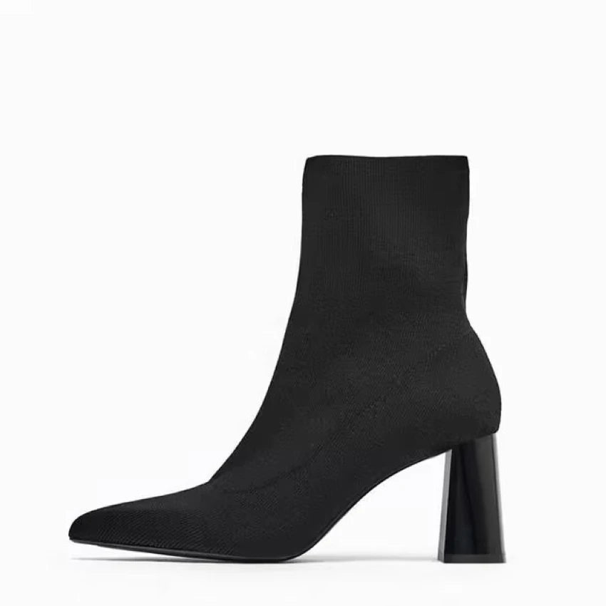 Fashion knitting Women Ankle Elastic Boots Shoes Footwear Female High Heels Pointed Toe Ladies Short Stretch Boots Shoes TLX-Z black