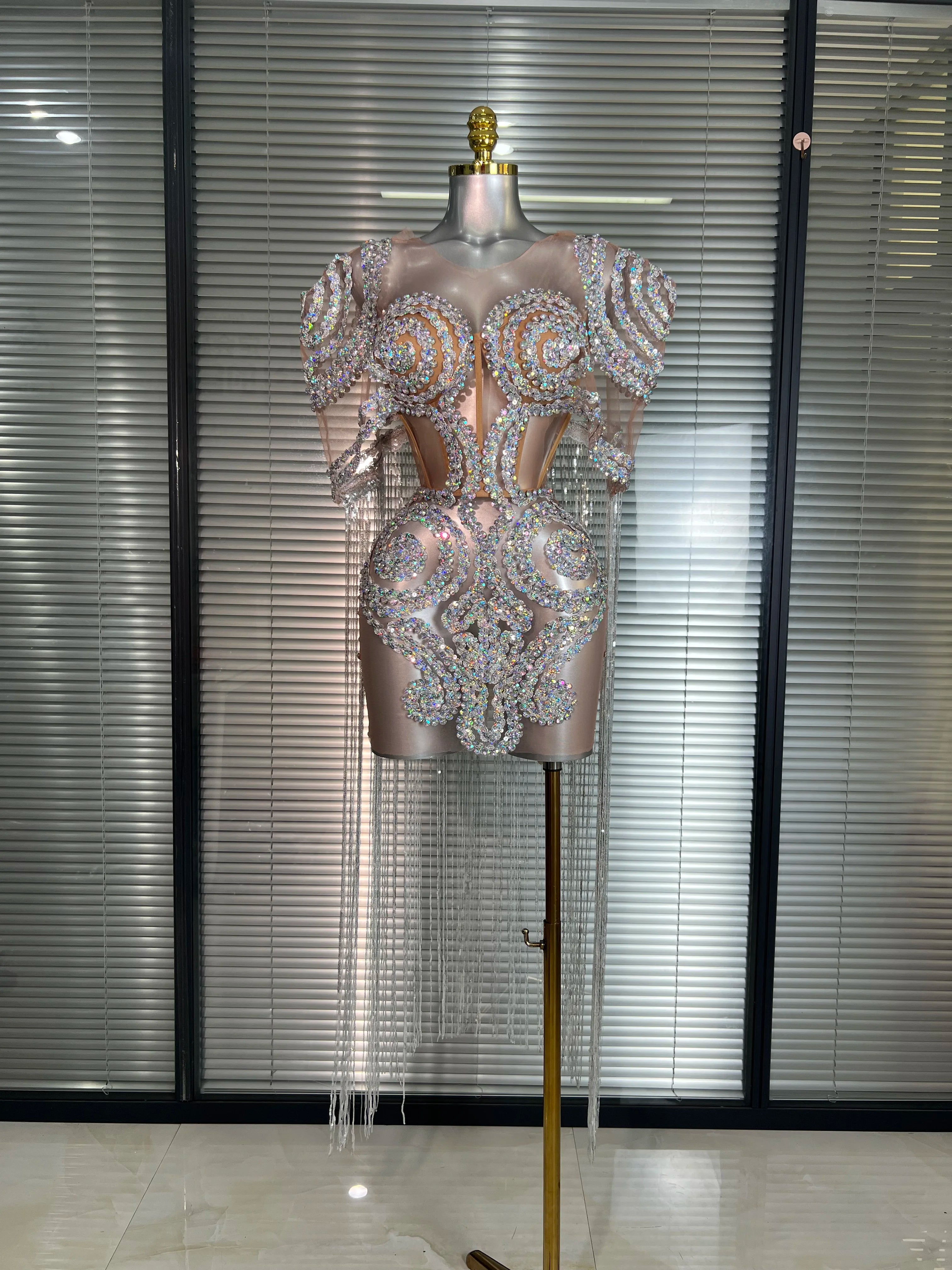 Women Sexy Colorful Sequins Tassel Silver Mini Dress Sparkly Performance Costume Stage Dancer Night Club Party Dress