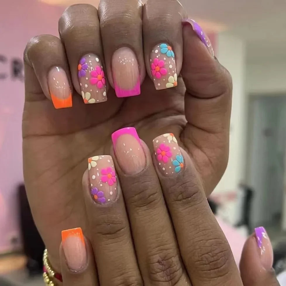 Faux ongles courts et carrés brillants, 24 pièces/boîte, pointe française colorée, motif floral, printemps-été, pour femmes