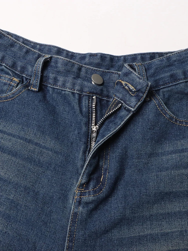Solid Hollow Out Casual Denim Trousers For Women High Waist Patchwork Pockets Streetwear Wide Leg Jeans Female Fashion