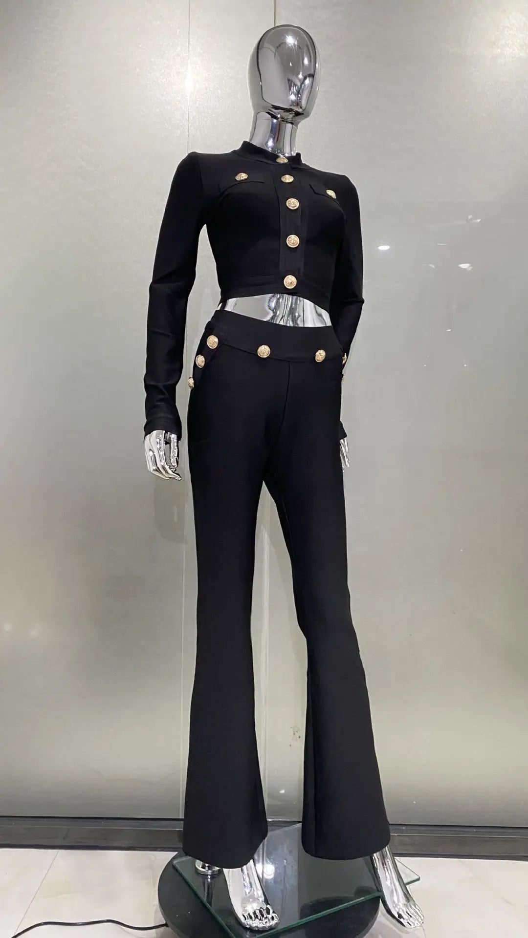 High Quality Bandage Expose Waist Woman Set Fashion Golden Buttons Short Coat Top And Flare Pants 2 Pieces High Street Wear