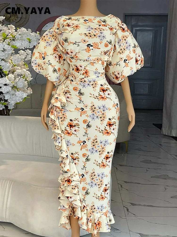 CM.YAYA Women Lantern Half Sleeve Ruffles Side Floral Print Side Split Long Maxi Dress 2025 Evening Sexy Party Dresses Vestidos
