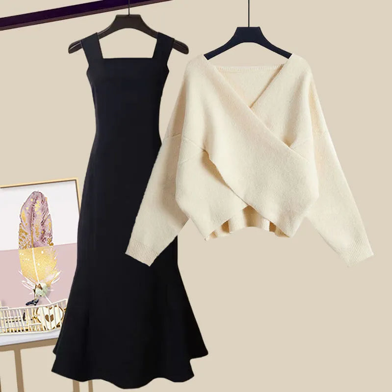 Autumn and Winter Set Women's New Korean Version Slim Cross Sweater Strap Fishtail Skirt Two Piece Set Fashion Two piece set 03