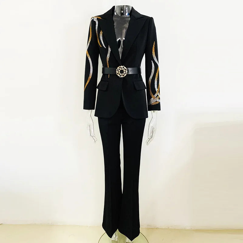 TWOTWINSTYLE Solid Slimming Two Piece Sets for Women Lapel Long Sleeves Patchwork Hot Fix Top High Waist Flared Pant Set Female