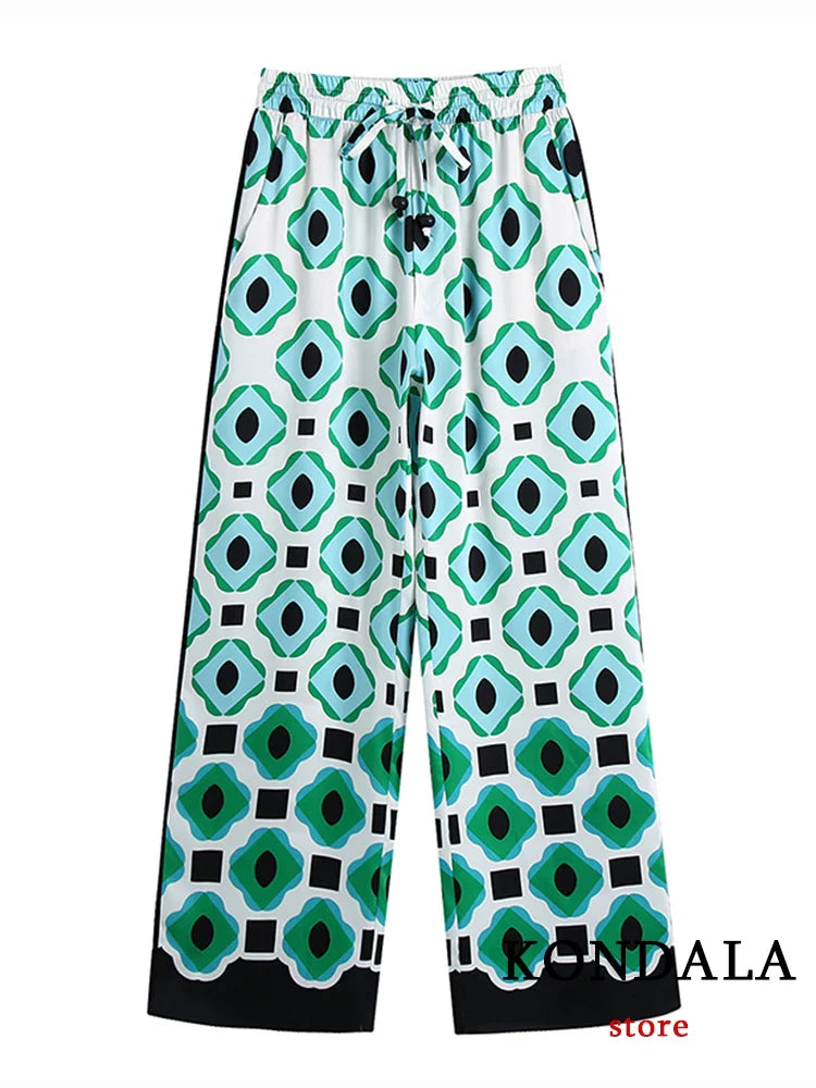 KONDALA Geometric Print Vintage Women Suits Autumn Fashion Oversized Long Shirts and High Waist Wide Leg Pants Women Set