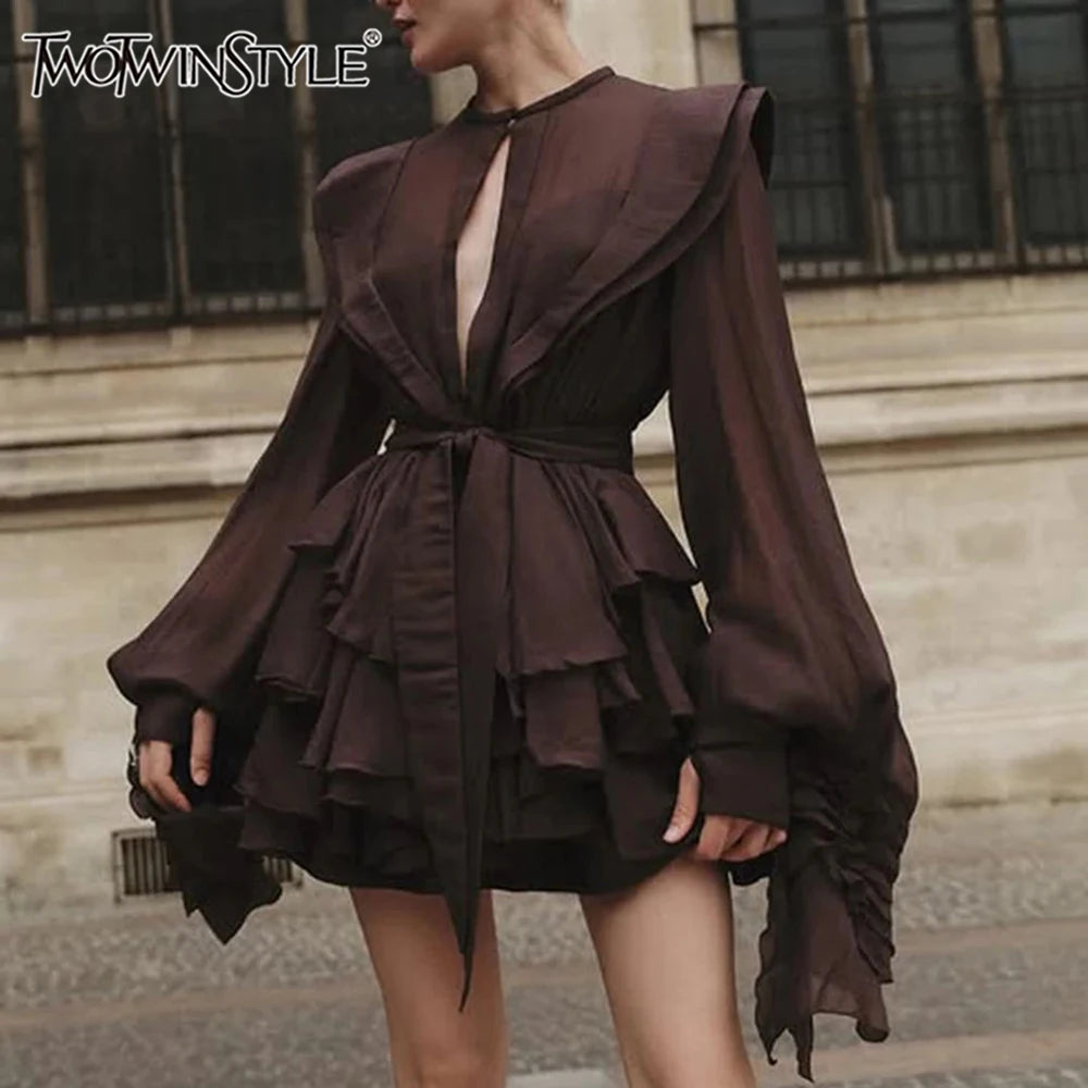 TWOTWINSTYLE Slimming Spliced Ruffles Folds Dresses for Women Round Neck Long Sleeves Patchwork Button Dress Female Fashion New