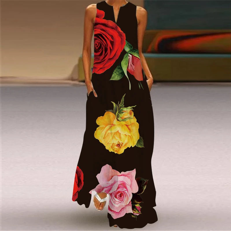 Vestido longo feminino elegante com decote em V, estampa floral fresca, sem mangas, solto, reto, praia, férias, vestido longo