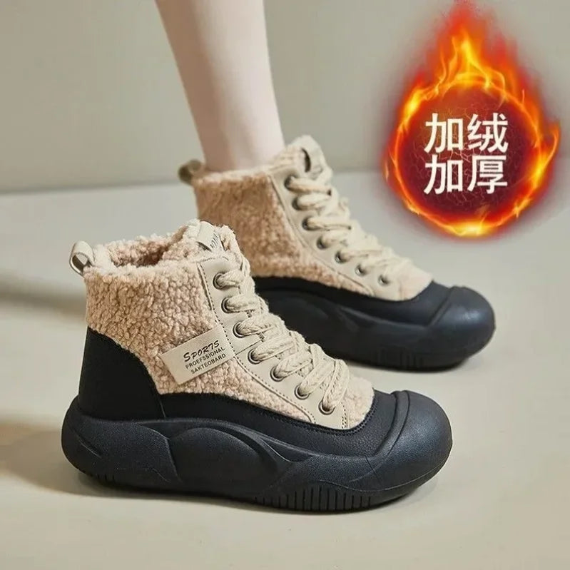 Women's Winter Ankle Boots New Casual Sports Warmed Skateboard Shoes Woman Platform Plus Plush Snow Boot Footwear Botas De Mujer YB28 beige