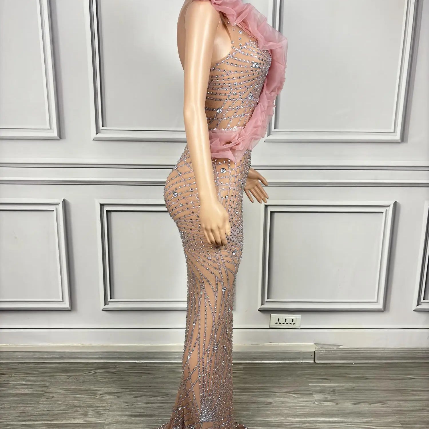 Elegant Ball Dress Sparkly Rhinestone Women Wedding Prom Birthday Party Evening Gown Sheer Mesh Luxury Sexy Maxi Dress Dousha