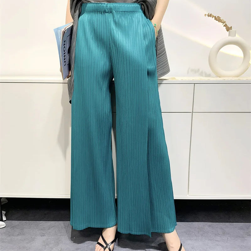 Summer Pants Women Hitching Piece Comfortable Casual New Loose Straight Pants Wide Leg High Waist Thin Pleated Pants Lake green One Size