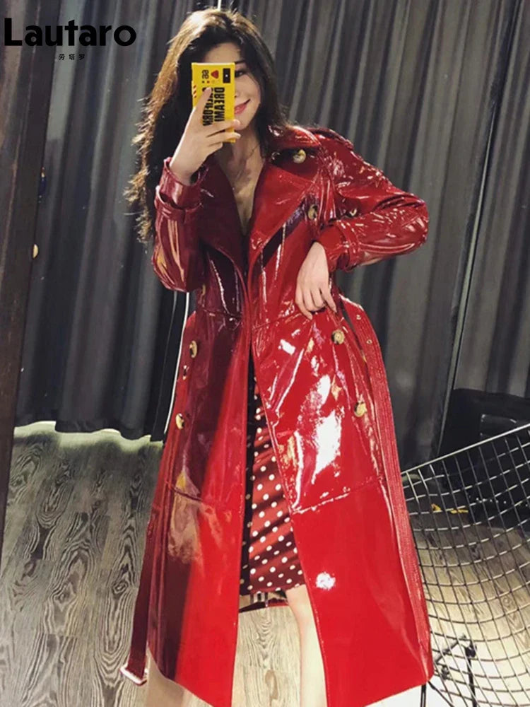 Autumn Long Shiny Reflective Patent Faux Leather Trench Coat for Women Sashes Double Breasted Runway European Fashion