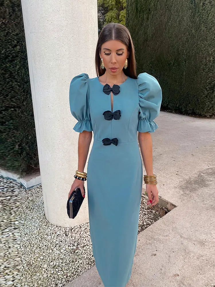 Fashion Short Puff Sleeves Bow Midi Dress For Women Solid Round Neck Slim Fit Dresses Elegant Party Club Vestidos Blue