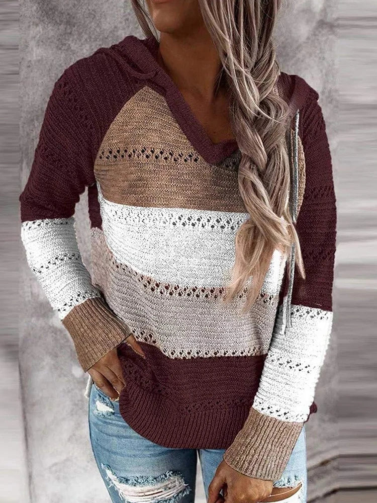 Women's Hooded Sweatshirt Women's Knitted Sweater Long Sleeve Knitted Hooded Sweater Burgundy