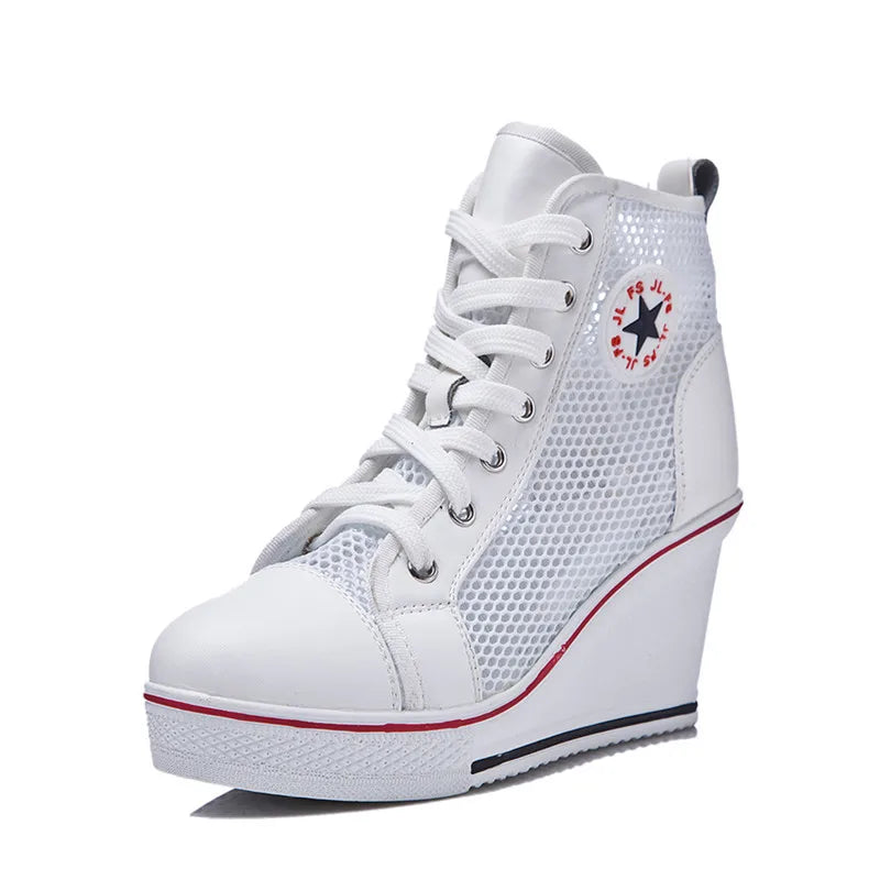 New Summer Women's Wedge Mesh Casual Shoes Fashion Black White Pink Stealth Increase Breathable High-top Sneakers WHITE