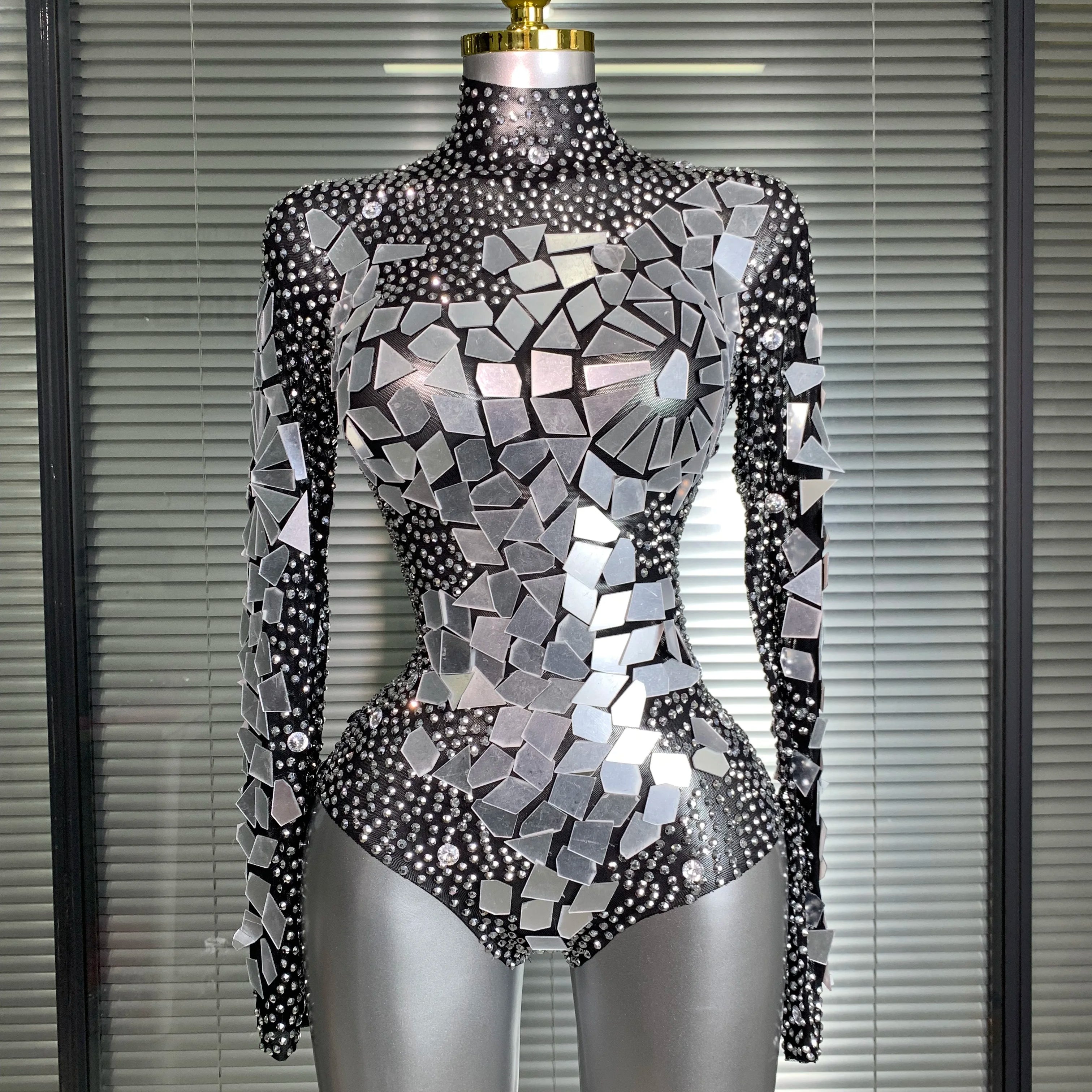INS New Women Sexy Mesh Rhinestone Mirror Sexy Night Club Bodysuit One Piece Designer Dancer Singer Costume Party Bodysuit