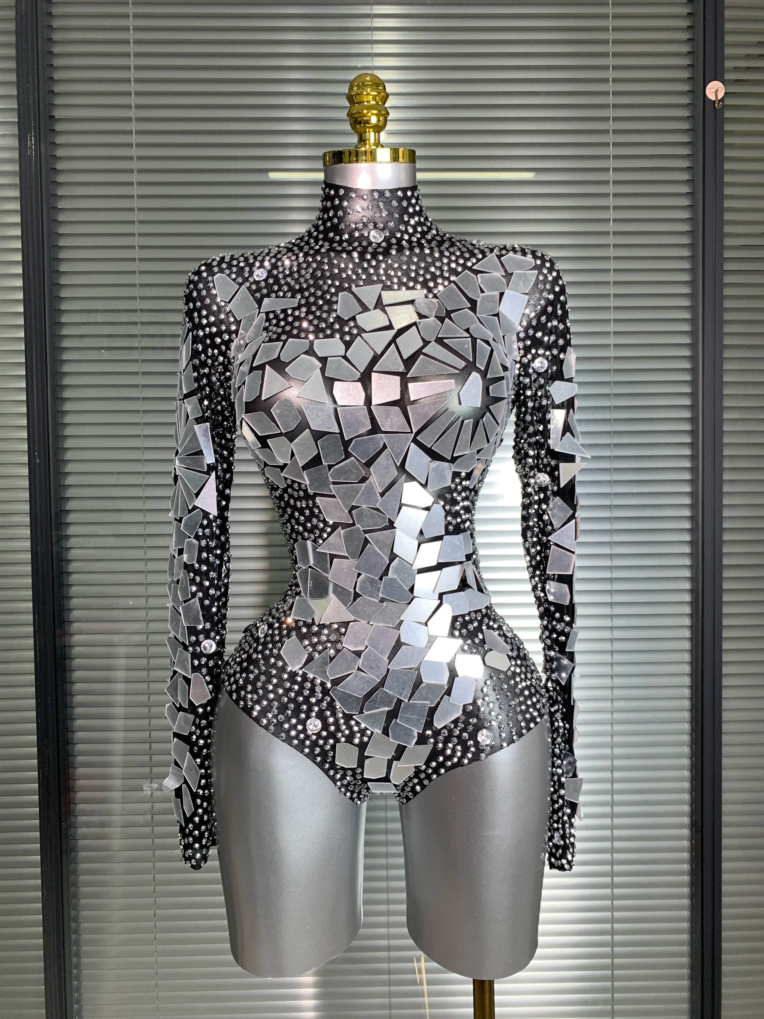 INS New Women Sexy Mesh Rhinestone Mirror Sexy Night Club Bodysuit One Piece Designer Dancer Singer Costume Party Bodysuit