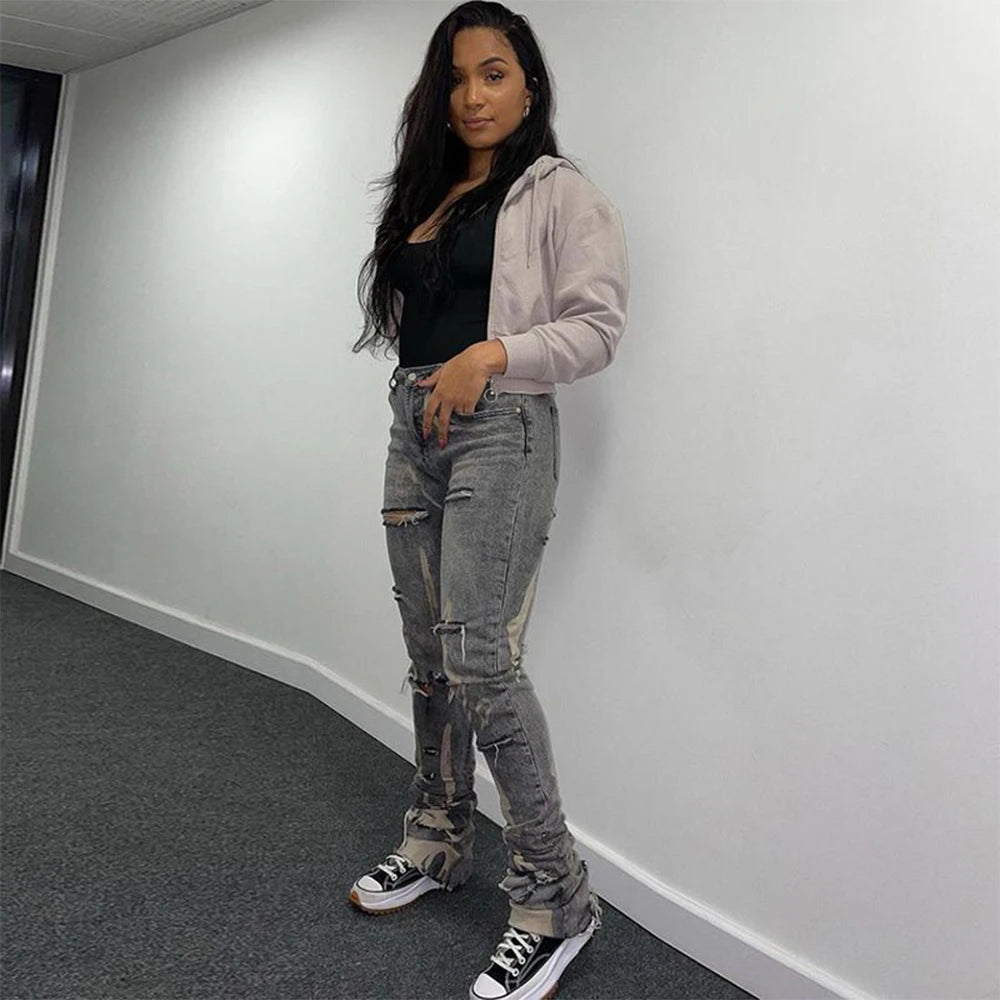 Y2K Retro Sifreyr Ripped Hole Jeans Women Fashion Print High Waist Skinny Stacked Denim Pants Grey Streetwear Elastic Trousers