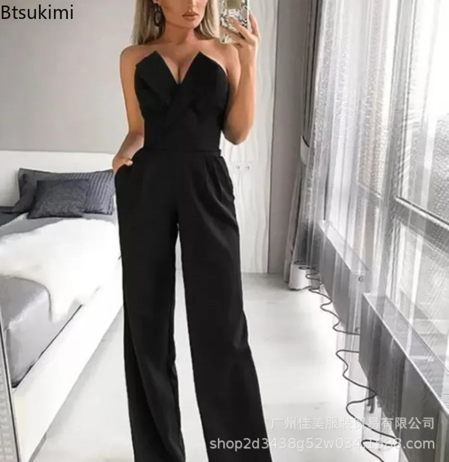 Women's Elegant Jumpsuits Solid Off Shoulder Sexy Club Jumpsuit Female Sleeveless High Waist Slim Wide Leg Jumpsuit Pants