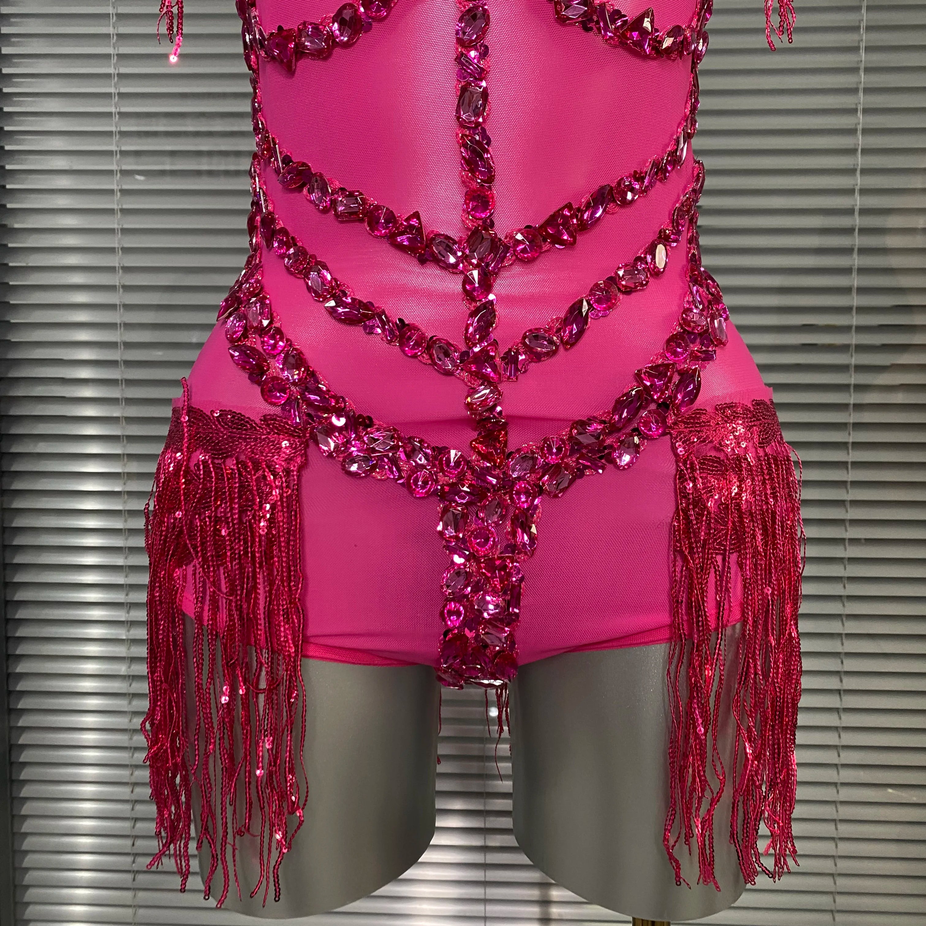 Women Sexy Tassel Crystal Diamonds Stretchy Night Club See Through Singer Dancer Stage Costume Hot Pink Party Bodysuit