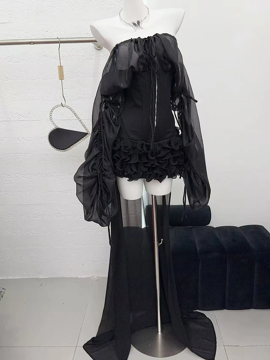 TWOTWINSTYLE Solid Slimming Spliced Lace Up Mini Dresses for Women Slash Neck Long Sleeves Patchwork Fungus Folds Dress Female