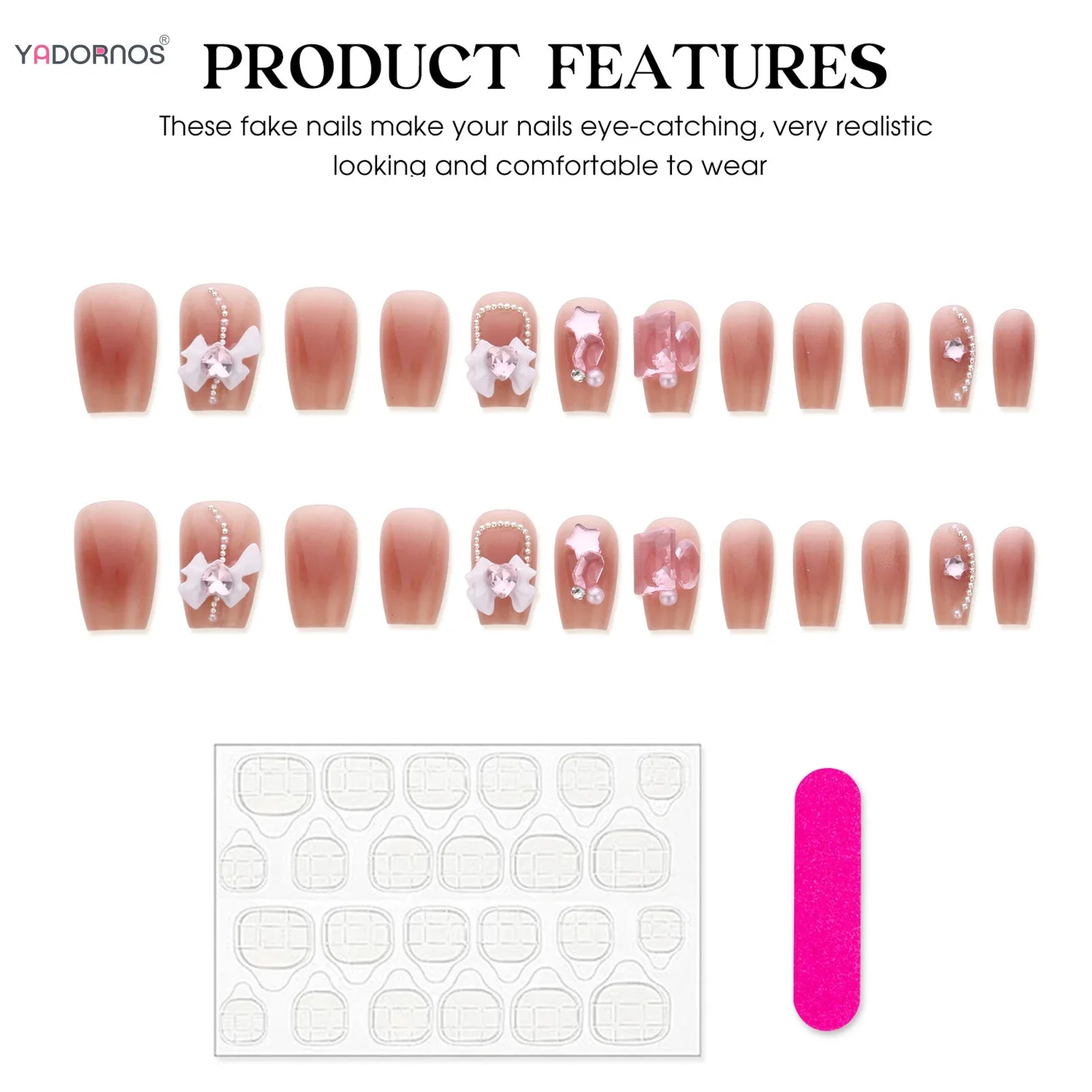 Short Square Blush Pink Fake Nails 24Pcs Sweet Girls Press On Nails 3D Bowknot/Crystal Decor Korean Fashion Acrylic False Nails
