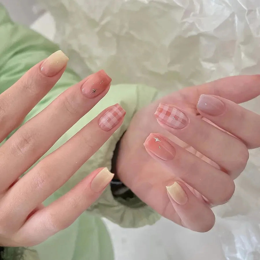 24PCS Colorful French False Nails Diagonal Stripe Design Short Round Fake Nails Elegant Press On Nail Tips for Women Girls