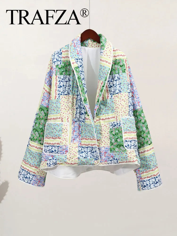TRAFZA Women's Flower Print Coat Quilted Reversible Long Sleeve Open Front Two In One Jackets Autumn Vintage Streetwear