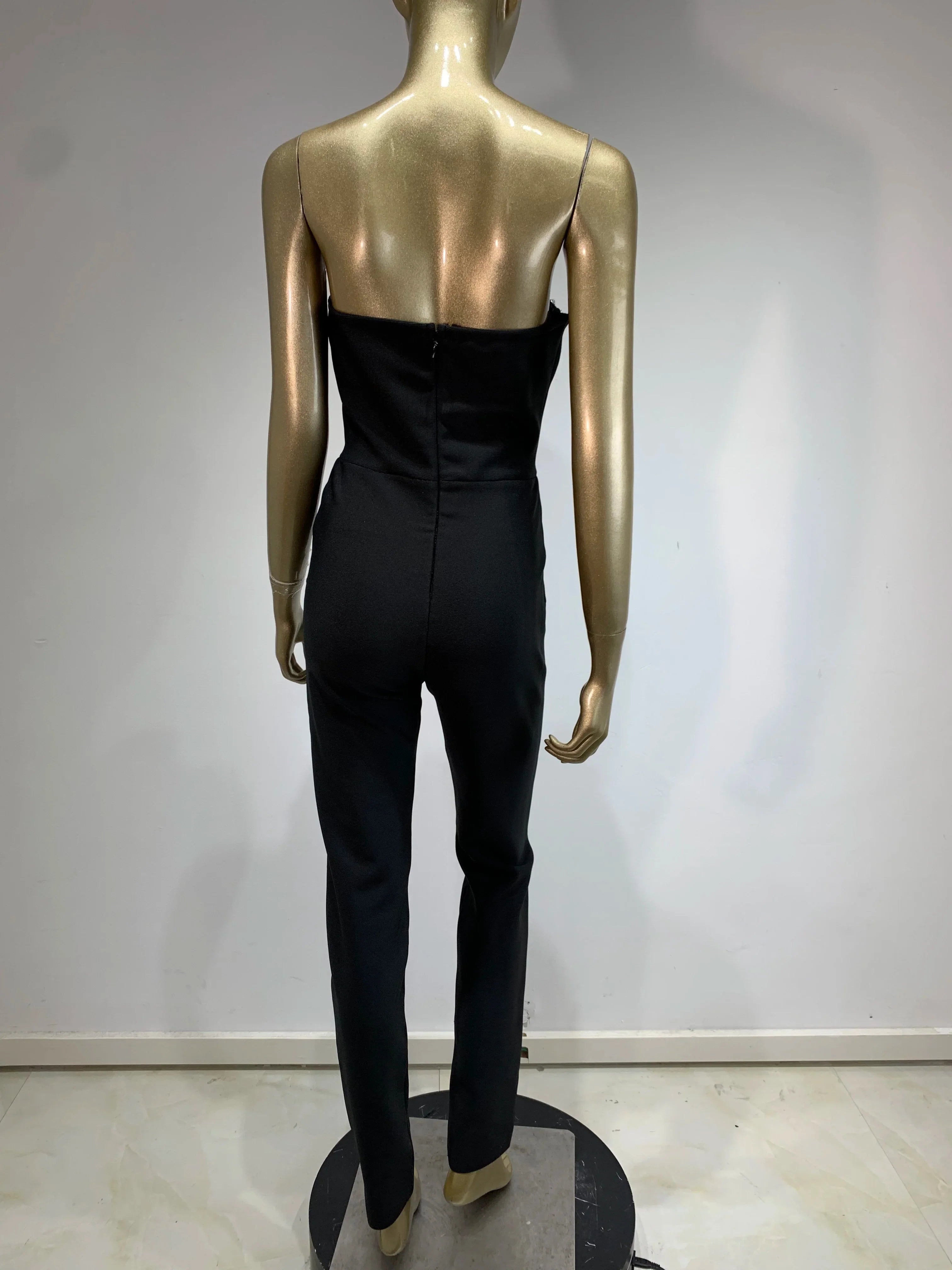 Macacão feminino luxuoso, sexy, sem alças, costas nuas, com cristais e diamantes, preto, bodycon, bandagem, designer de celebridades, macacão de rua