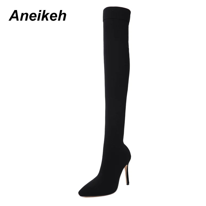 Fashion Pointed Toe Over-the-Knee Heel Thigh High Woman Boot Stretch Fabric Sock Boots botas mujer Shoe Size 35-42