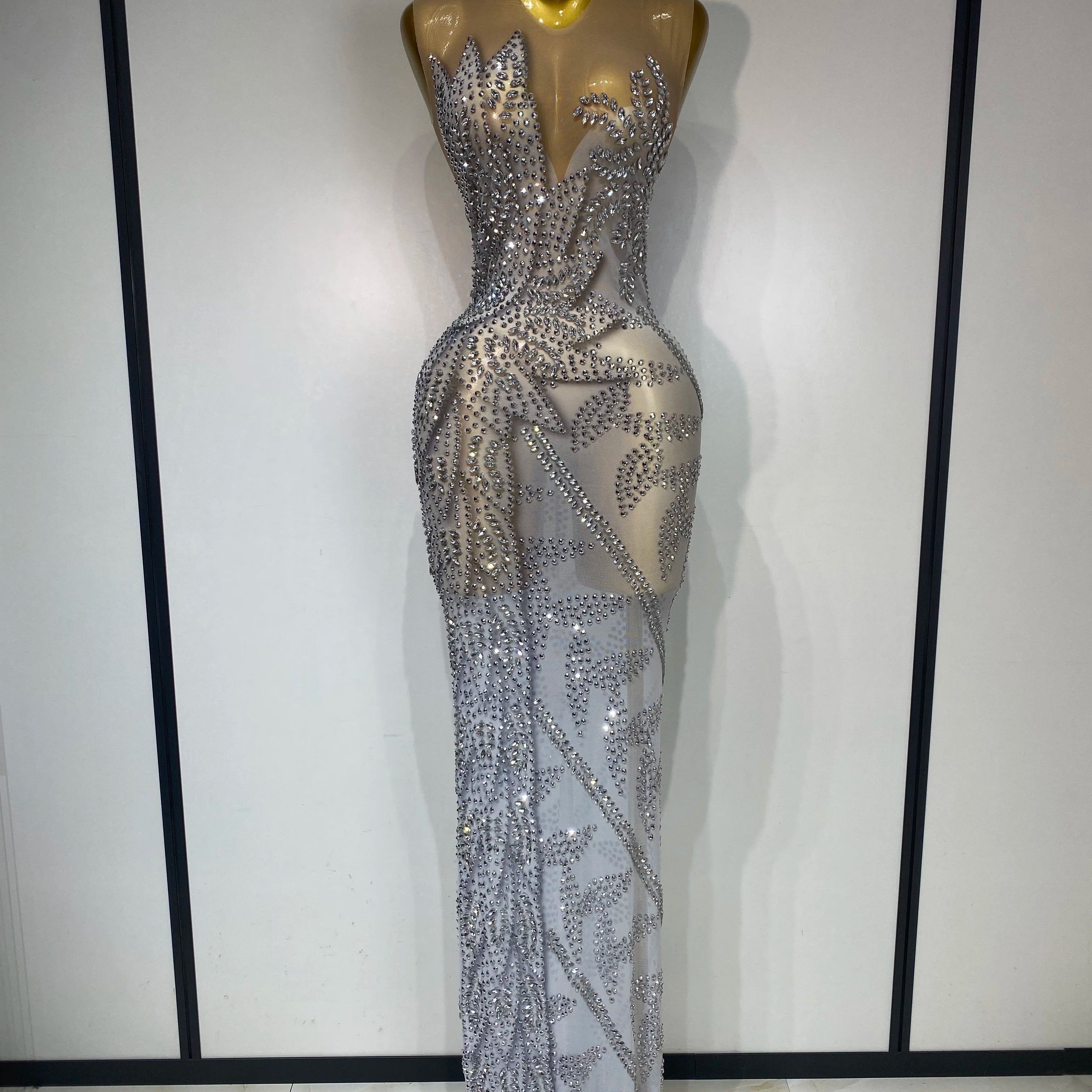 Luxury Rhinestone Sleeveless Silver Long Dress Women Sexy Mesh See Through Evening Prom Birthday Photo Shoot Singer Stage Outfit