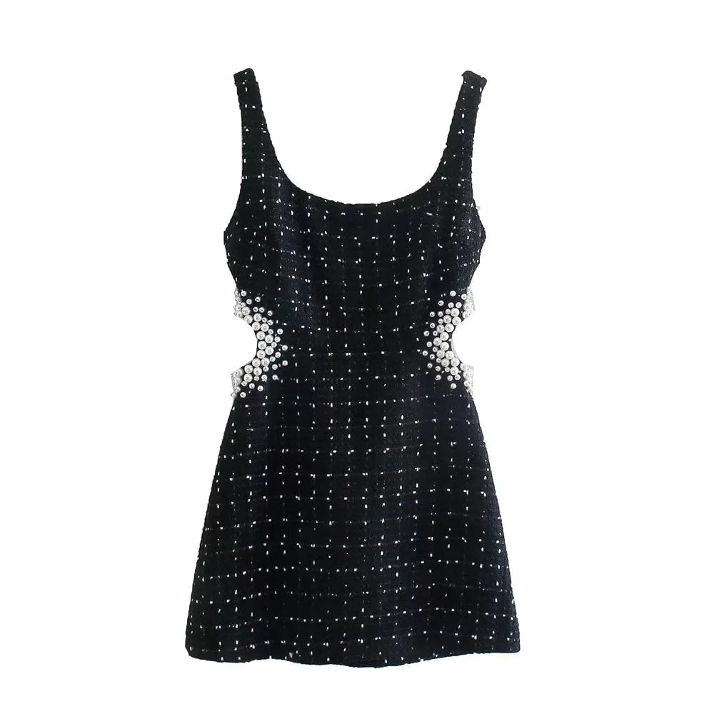 Women Sexy Waist Hollow Out Pearl Appliques Tweed Woolen Slim Mini Dress Female Chic Back Zipper Sling Vestidos
