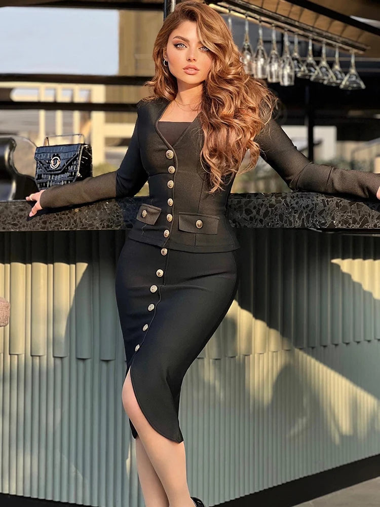 Woman Dress Sets New Chic Button Design Two Pieces Set Celebrity Party Club Bodycon Bandage Skirt Suits