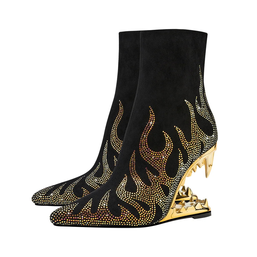 Women's Autumn and Winter New Water Diamond Knee Long Boots Pointed Side Zipper Tiger Teeth High Heels Banquet Party Boots golden