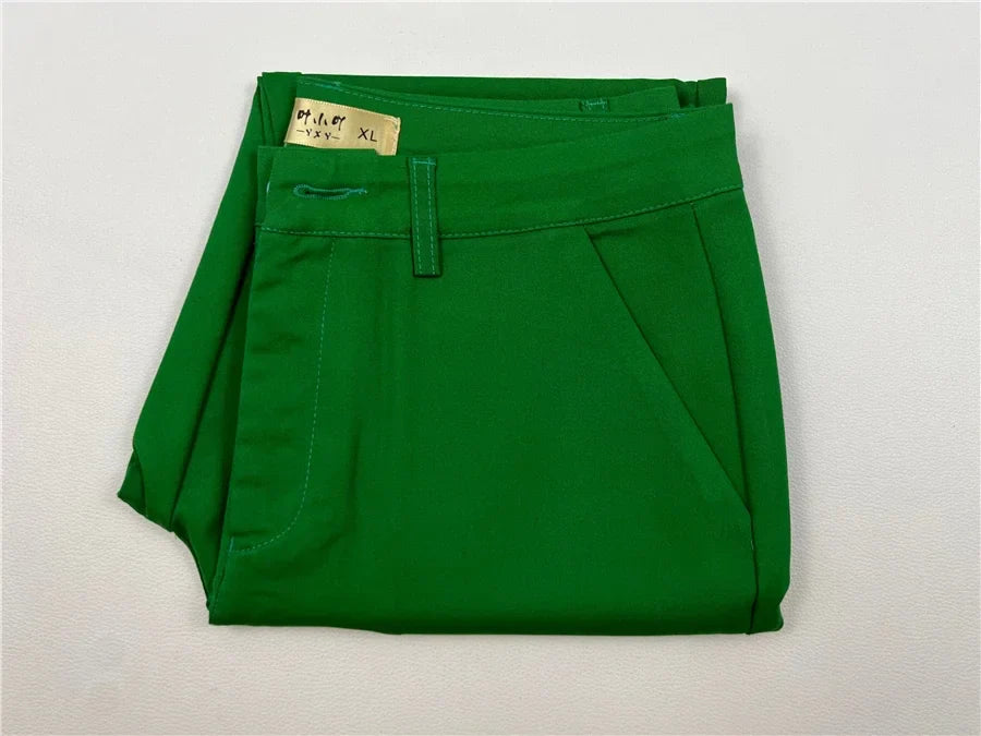 S-4xl Big Size Office Pencil Pants Womens Formal New Elegant OL Work Pantalones Elastic Cotton Slim Ankle-length Trousers green
