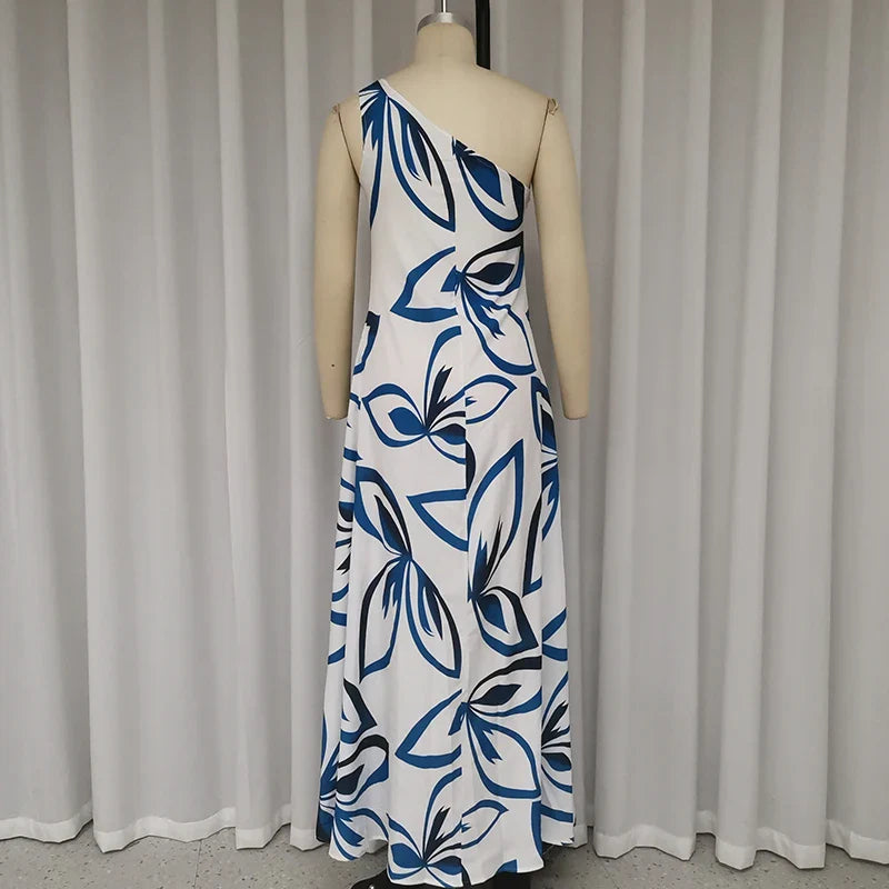Ellafads Long Dress Women Casual Simple Printed One Shoulder Strap Sleeveless Loose Summer Holiday Beach Maxi Dresses Streetwear