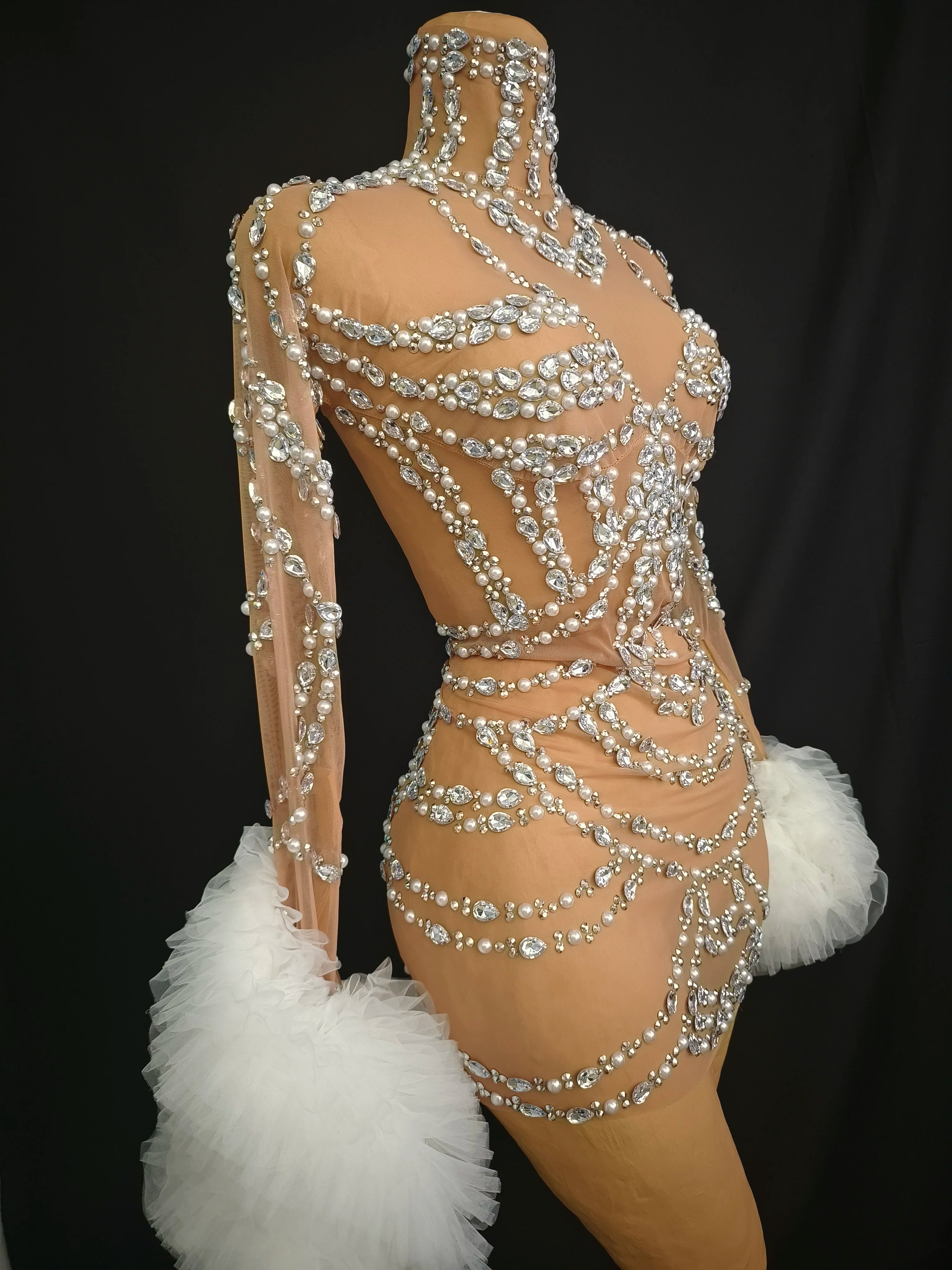 Women Sexy Mesh Nude Stretchy Long Sleeve Night Club See Through Singer Dancer tage Costume Mini Party Dress