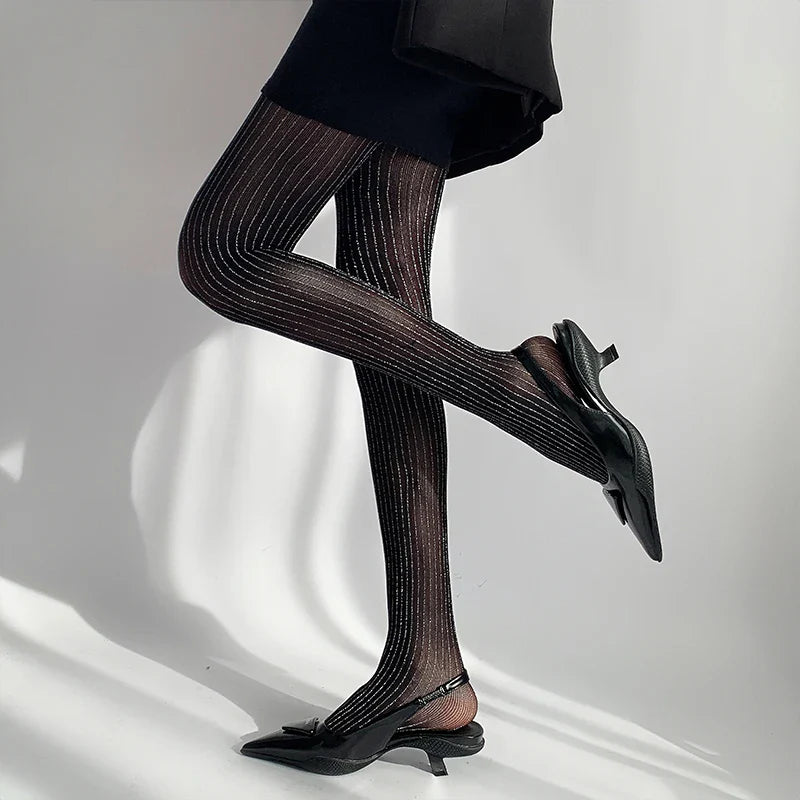 Black Tights Women Luxury Silver Silk Thigh High Stockings Pantyhose Lingerie Sexy Slim Body Stockings Women Tights Pantyhose