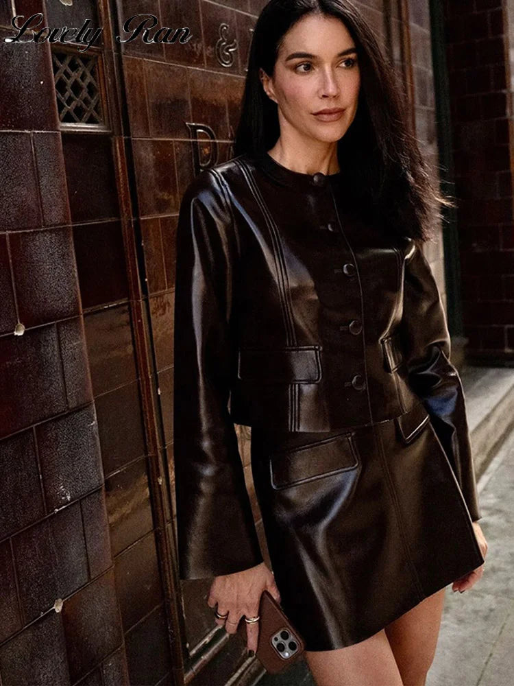 Fashion Leather Coat Skirt Sets Women Autumn Winter O-neck Long Sleeve Single Breasted Coats Mini Skirts Two Piece Set Lady