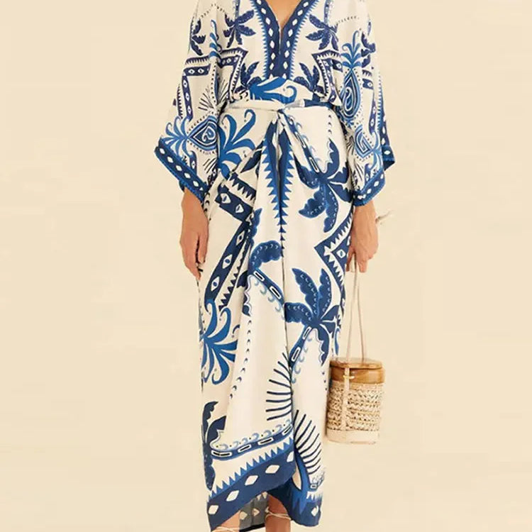 Vintage Bule Print Lace Up Midi Dress Women V Neck Half Sleeve High Waist Vestidos Spring Summer Casual Beach Robes Female