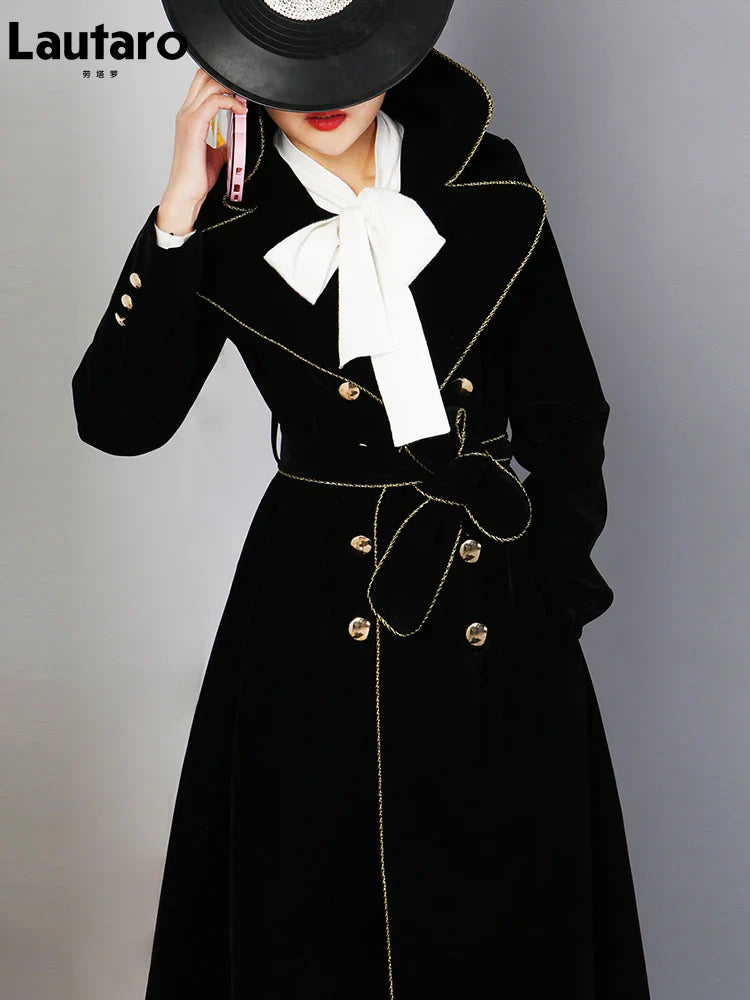 Spring Autumn Long Black Velvet Trench Coat for Women with Gold Trim Sashes Double Breasted Luxury Designer Fashion 2022