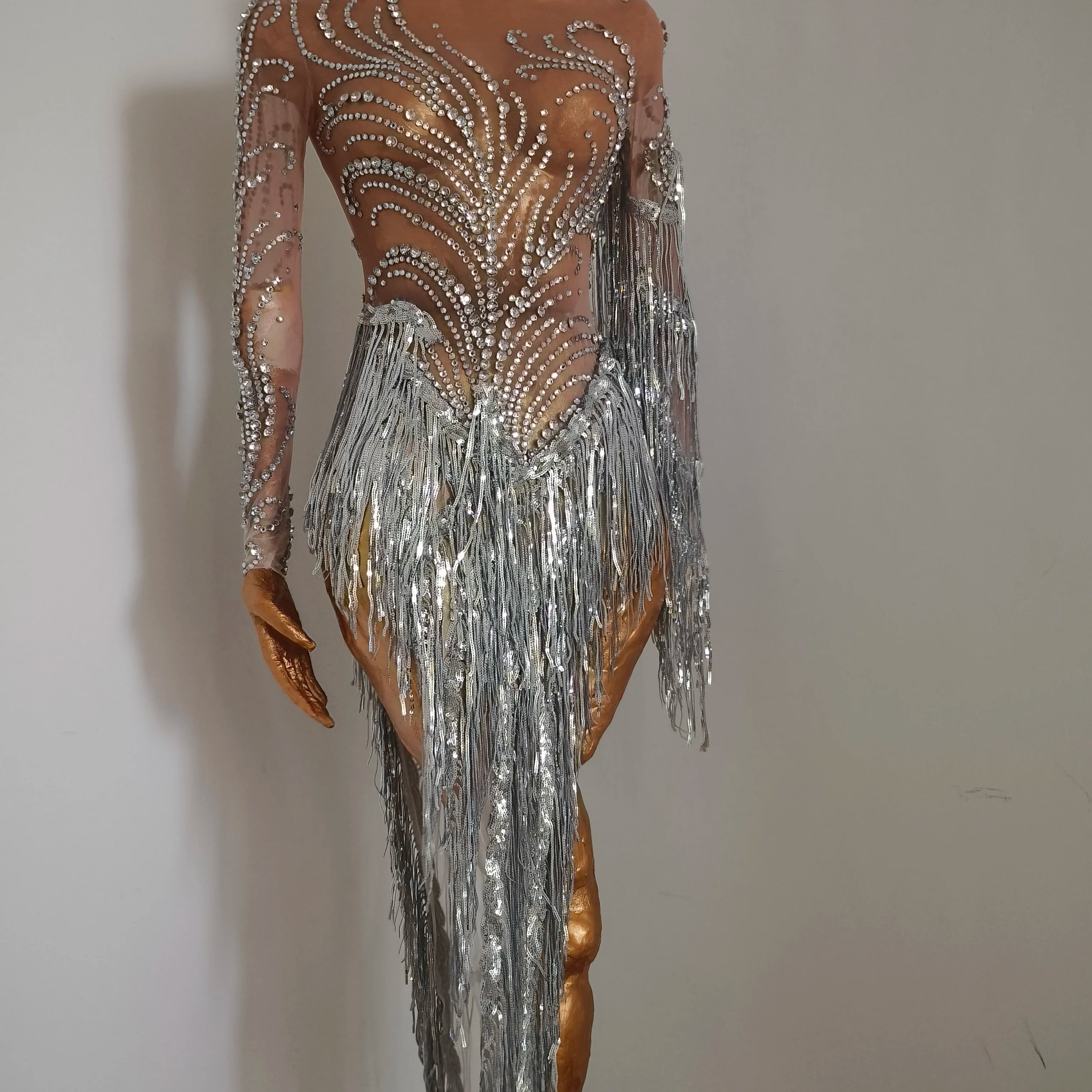 Sparkly Rhinestone Sequins Tassel Sexy Mesh See Through Dress Women Evening Birthday Party Nightclub Dance Singer Stage Outfit