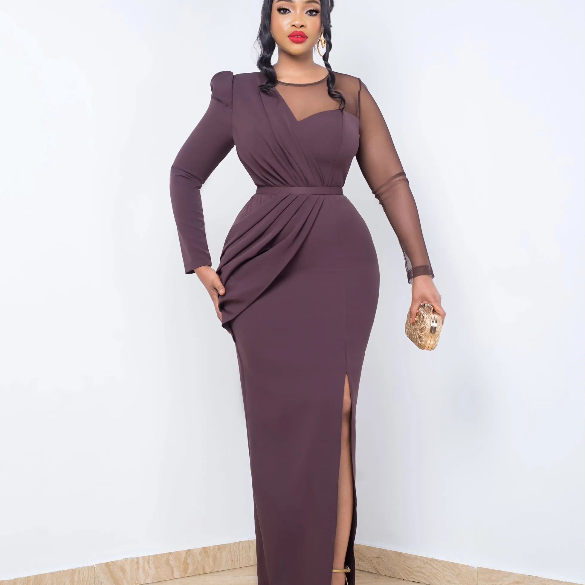 Spring Sexy Elegant Mesh Party Dress Women Fashion OL Slim Mesh Long Sleeve Splice Long Wedding Evening Dress Women Brown