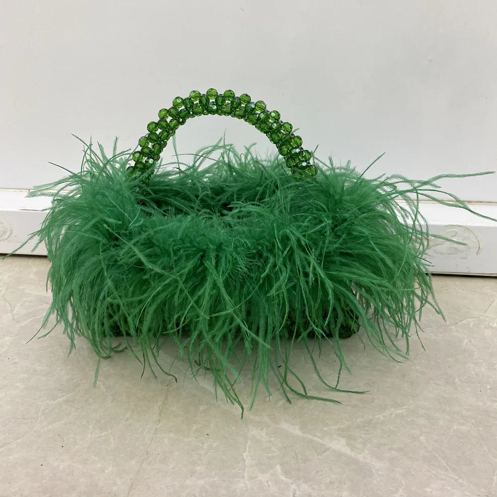 Pearl Bead Bag With Ostrich Feather Fur Designer Brand Clear Acrylic Crystal Stone Box Tote Handbag Women Handmade Party Purse deepgreen