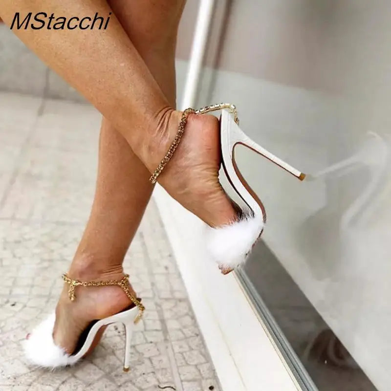 Summer Furry Mules Shoes Peep Toe Thin Heels Slippers Women Sxy Metal Decoration Pointed Toe Gladiator Sandals Party Stiletto