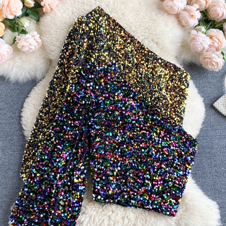 Fall 2024 Oblique Collar T-shirt Strapless Unilateral Puff Sleeve Slim Fit Short Sequined Top