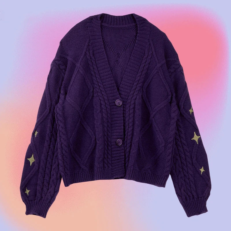 Winter Loose Cardigans Women Star Embroidered Tay Vintage Y2K Streetwear Single Breasted Long Sleeve Top Swift Knitted Sweaters Violet