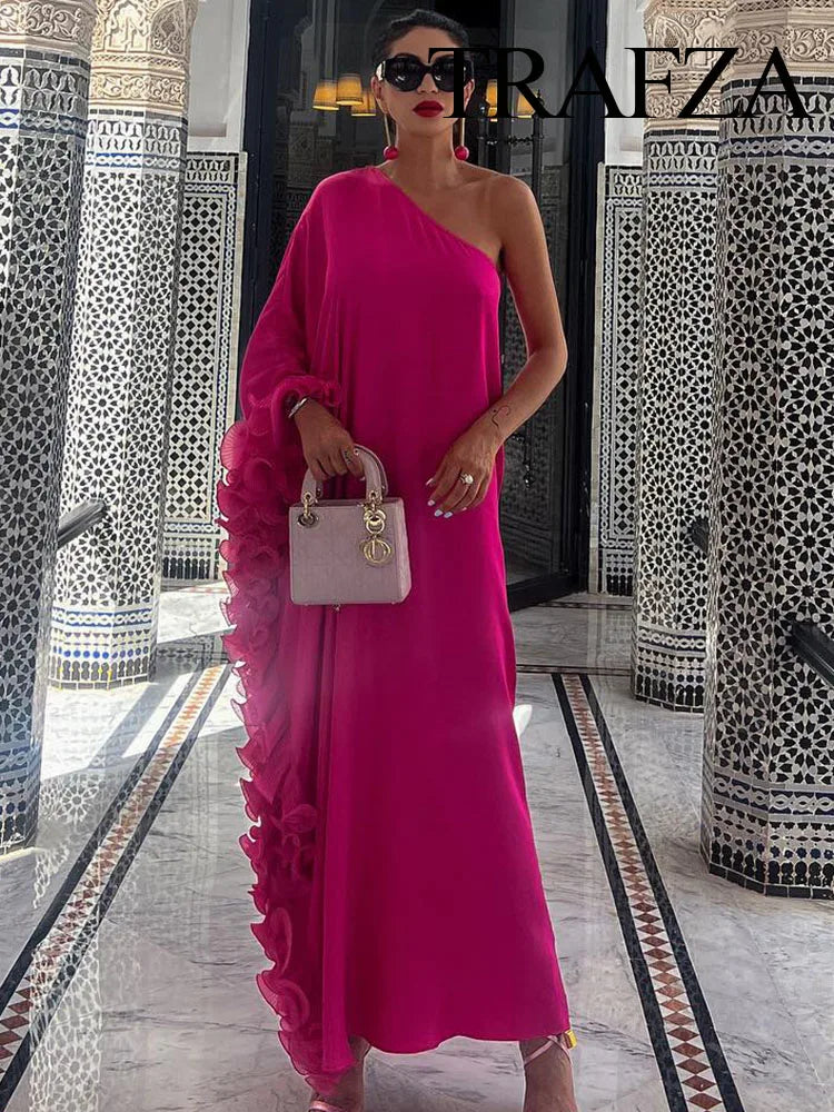 TRAFZA Summer Elegant Woman Asymmetrical Shoulder Long Sleeve 3D Ruffles Slim Dresses Female Oversize One Shoulder Party Dresses